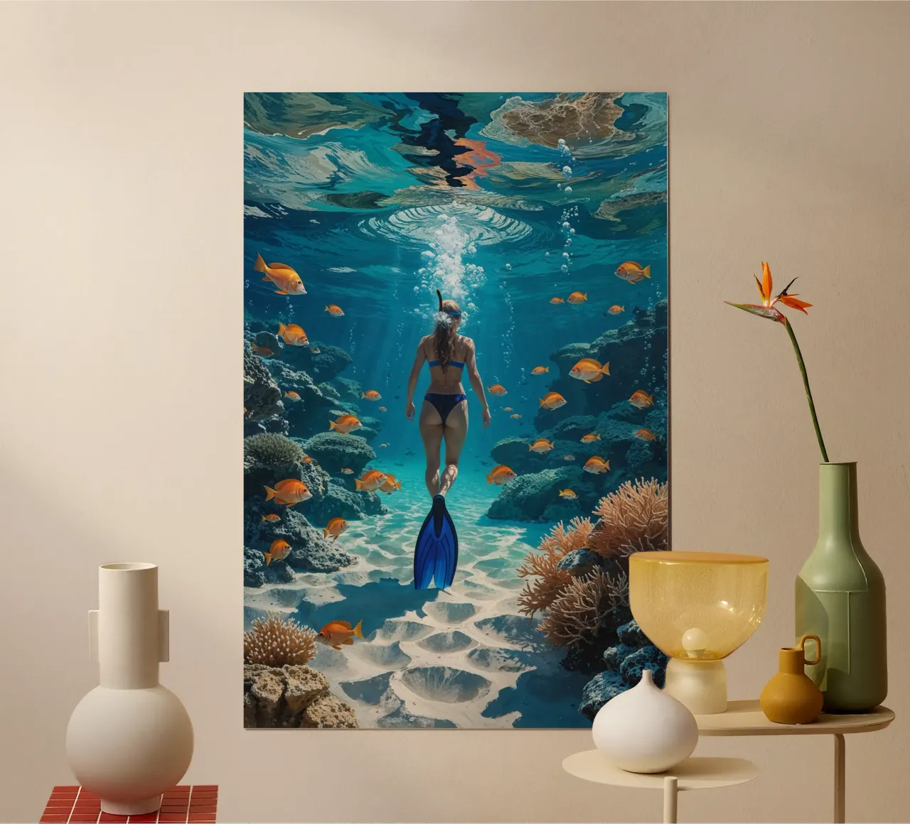 Snorkeler in a Pristine Coral Wonderland poster da AlbertKlee