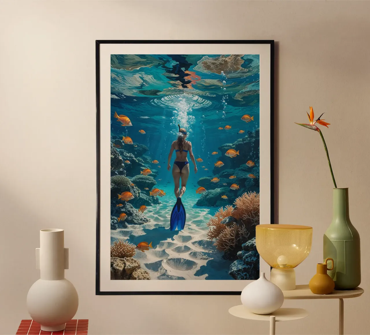 Snorkeler in a Pristine Coral Wonderland poster da AlbertKlee