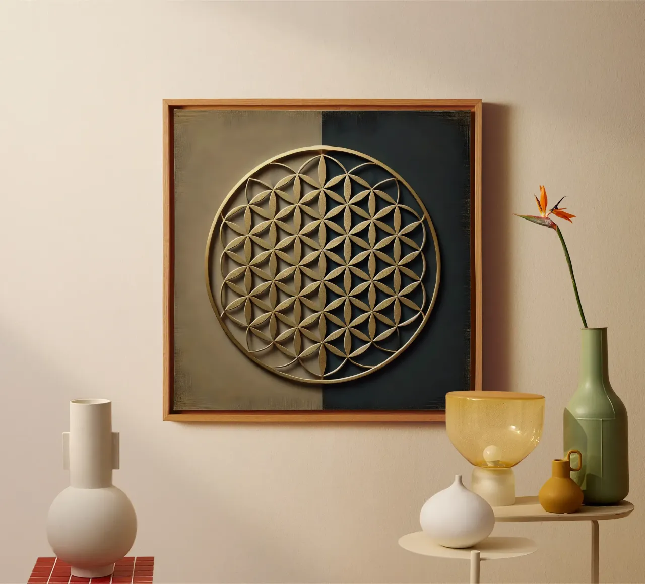 Bloem des levens goud canvas met Baklijst van spiritual