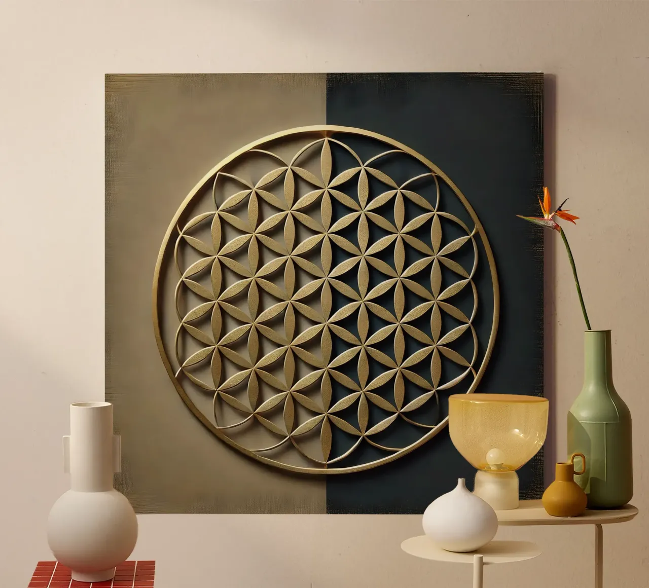 Bloem des levens goud canvas met Baklijst van spiritual