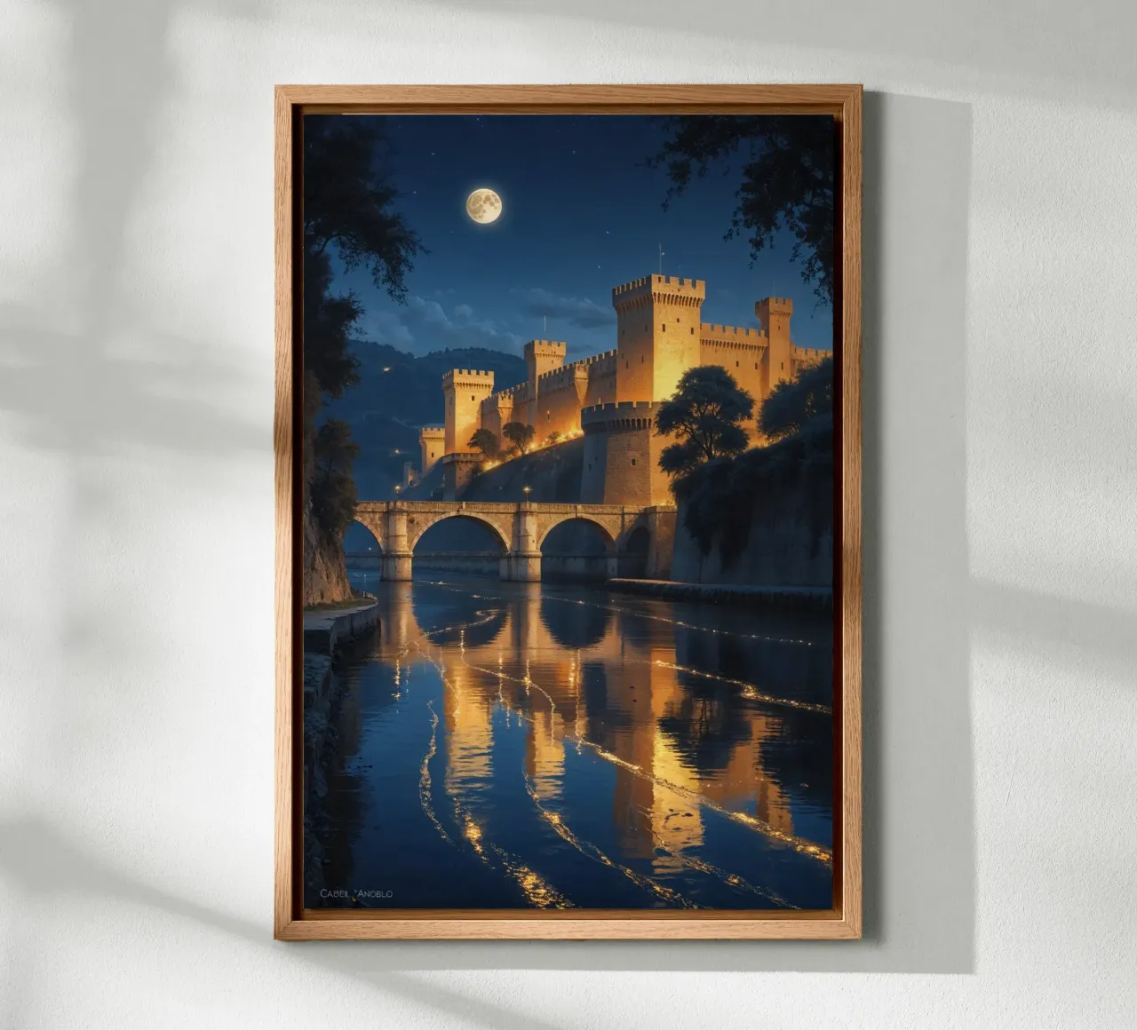 Illuminated Castle Over Still Waters tela con Cornice a cassetta da AlbertKlee