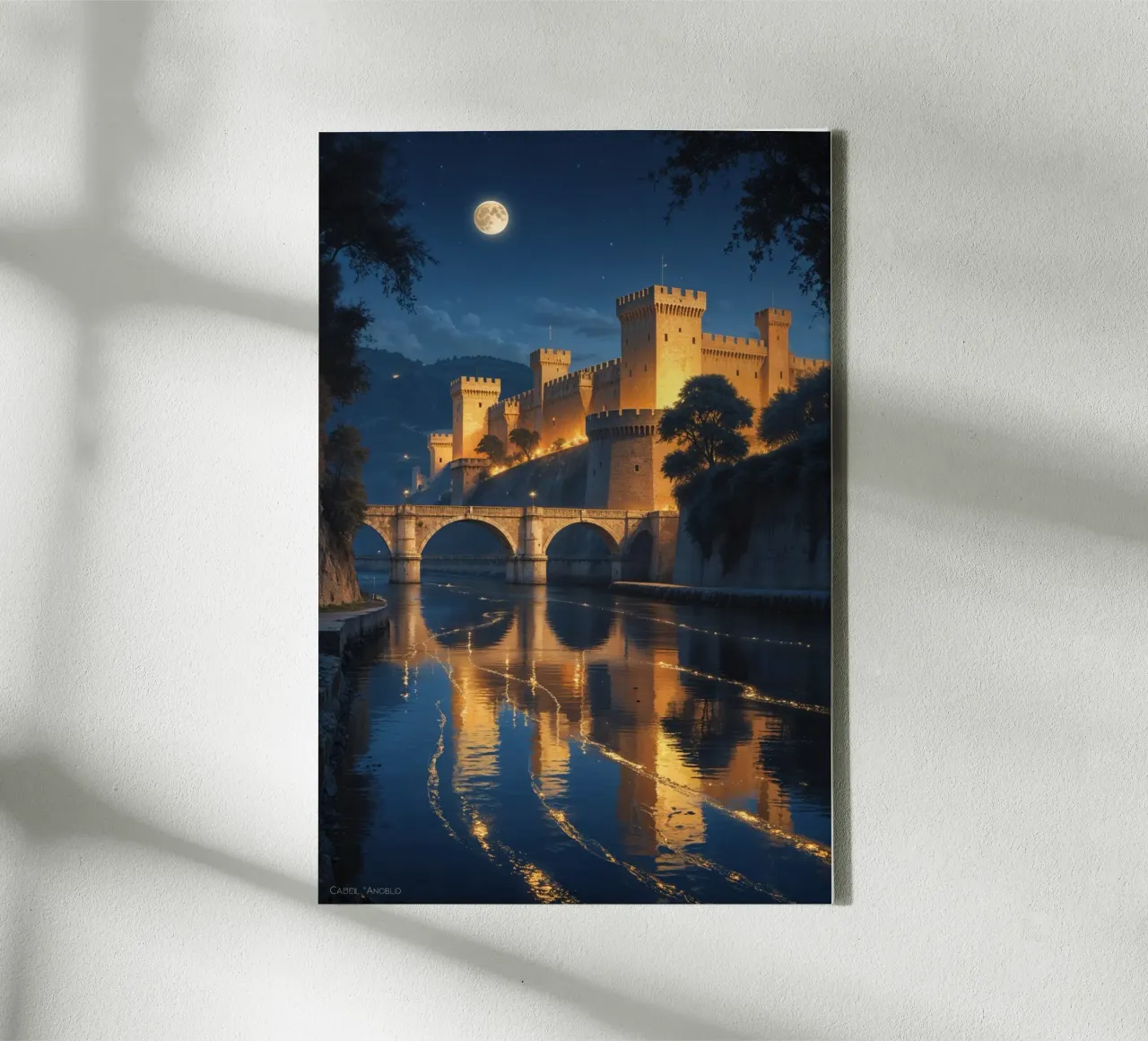 Illuminated Castle Over Still Waters tela con Cornice a cassetta da AlbertKlee