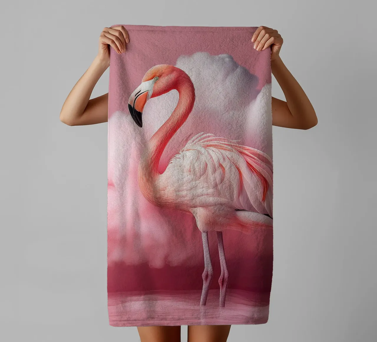 Graceful Pink Flamingo with Dreamy Cloud Background towel by FlexiDesignsByK