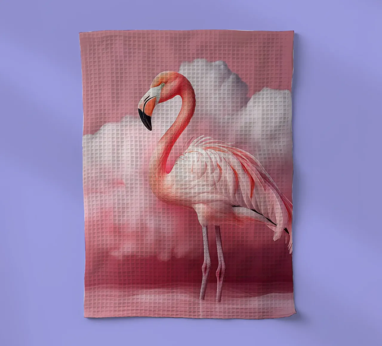 Graceful Pink Flamingo with Dreamy Cloud Background tea towel by FlexiDesignsByK