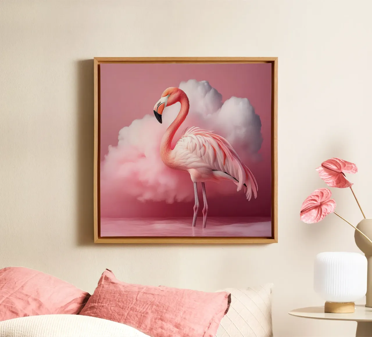 Graceful Pink Flamingo with Dreamy Cloud Background canvas with Floater frame by FlexiDesignsByK