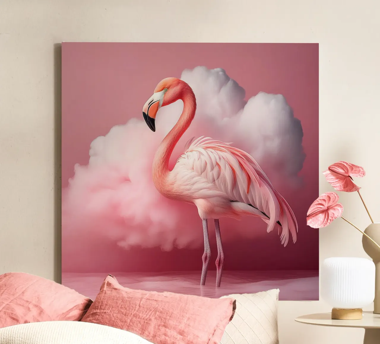 Graceful Pink Flamingo with Dreamy Cloud Background canvas with Floater frame by FlexiDesignsByK