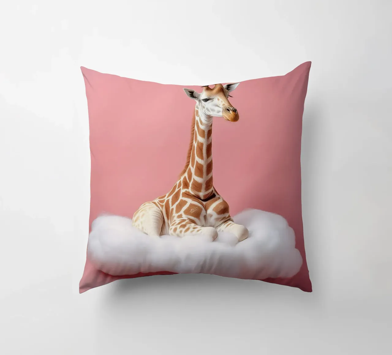 Dreamy Giraffe Resting on a Fluffy Cloud Art Print decorative cushion by FlexiDesignsByK