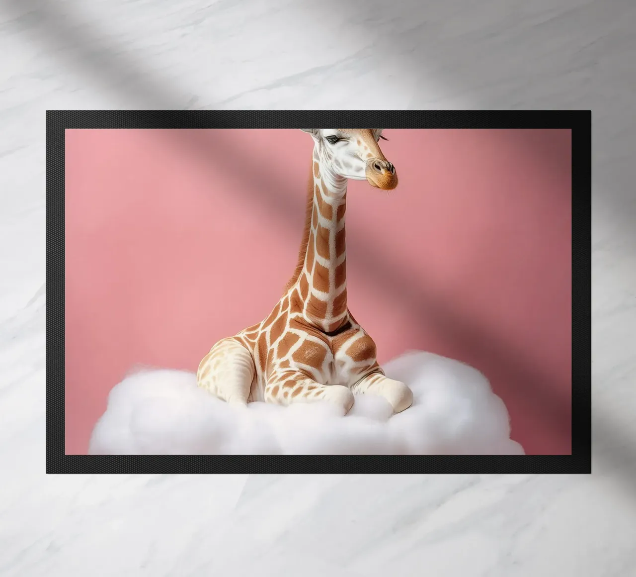 Dreamy Giraffe Resting on a Fluffy Cloud Art Print doormat by FlexiDesignsByK