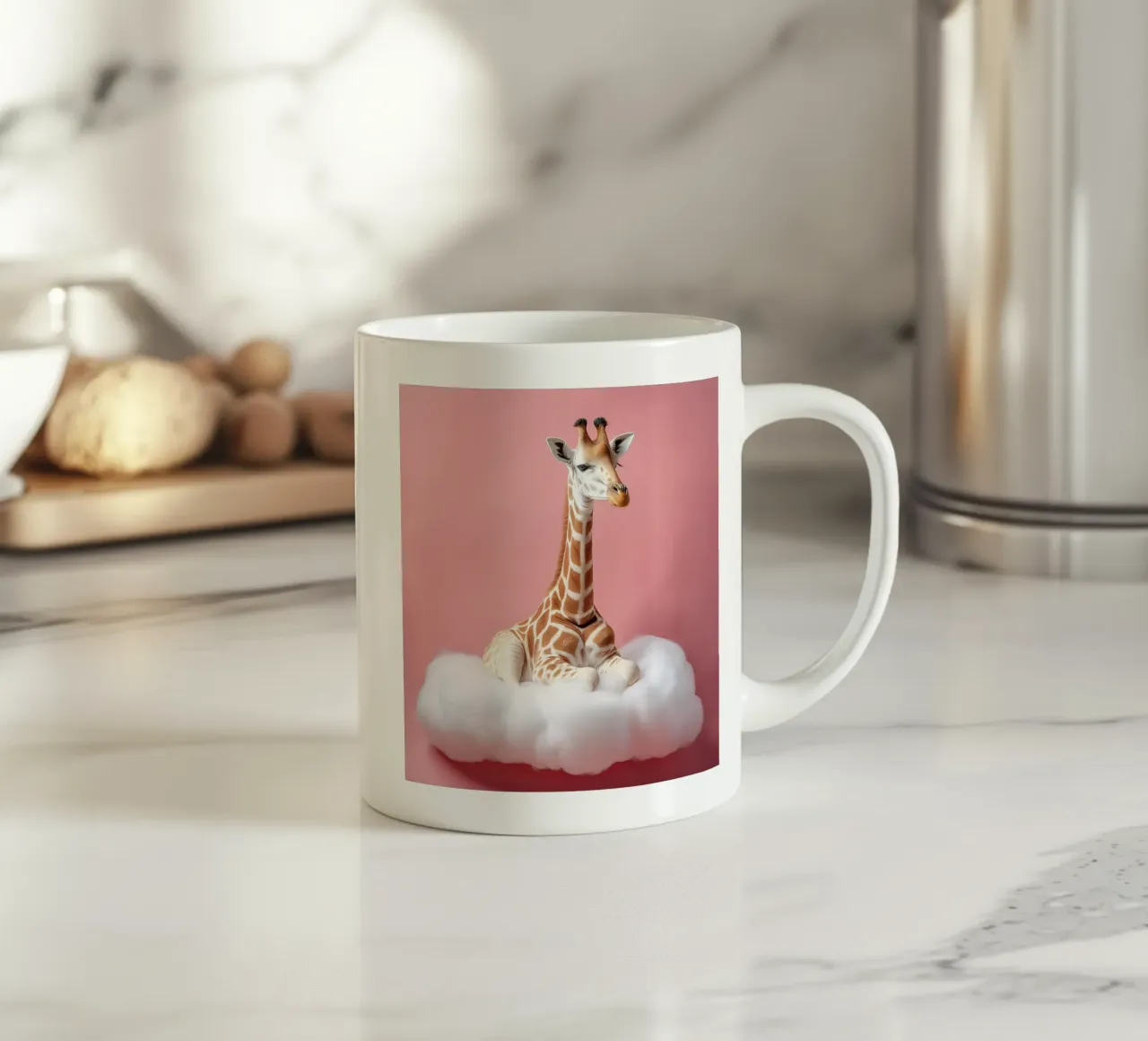Dromerige Giraffe Rustend Op Een Pluizige Wolk Kunstdruk keramische mok van FlexiDesignsByK