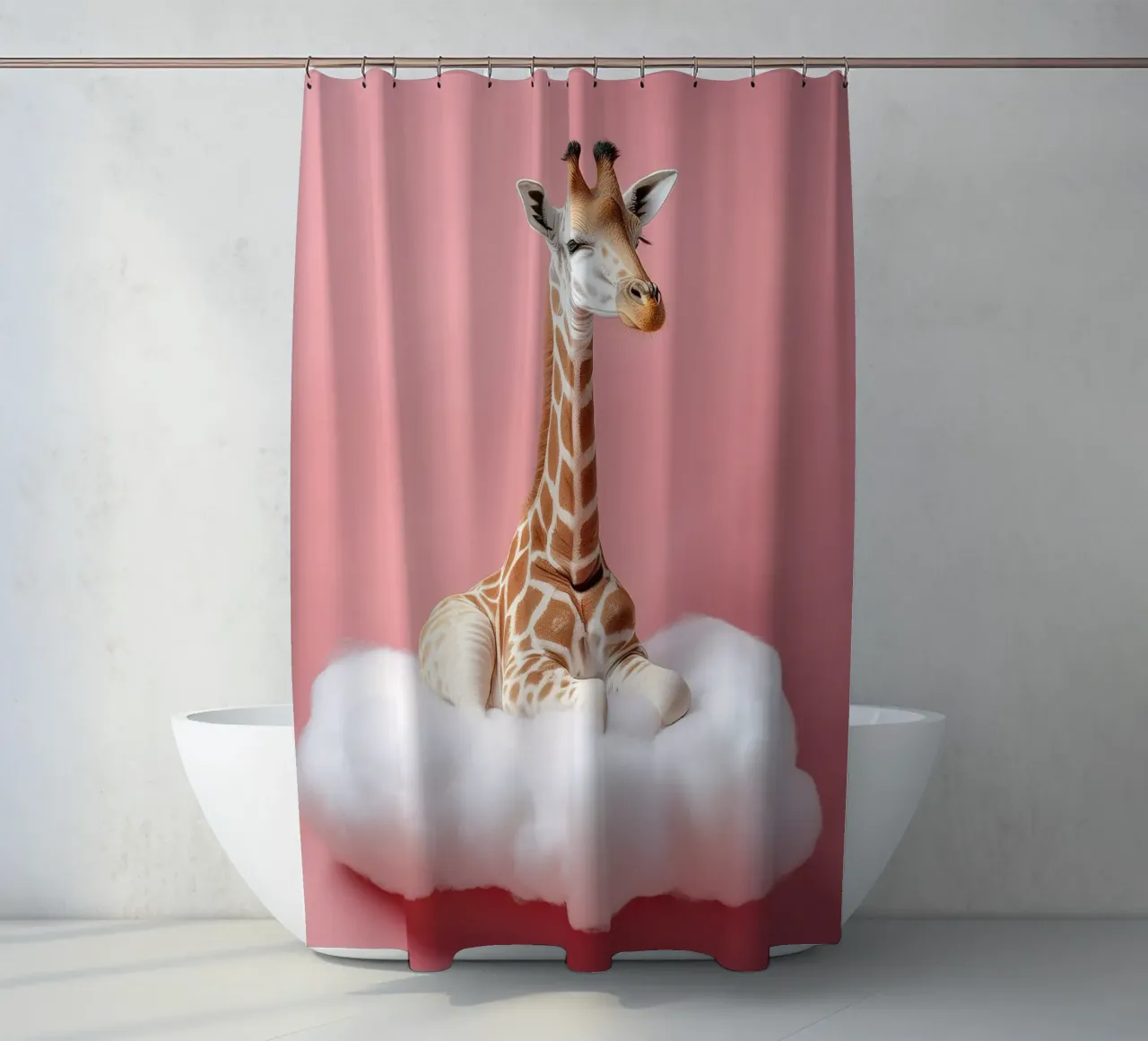 Verträumte Giraffe, die auf einer flauschigen Wolke ruht Kunstdruck Duschvorhang von FlexiDesignsByK