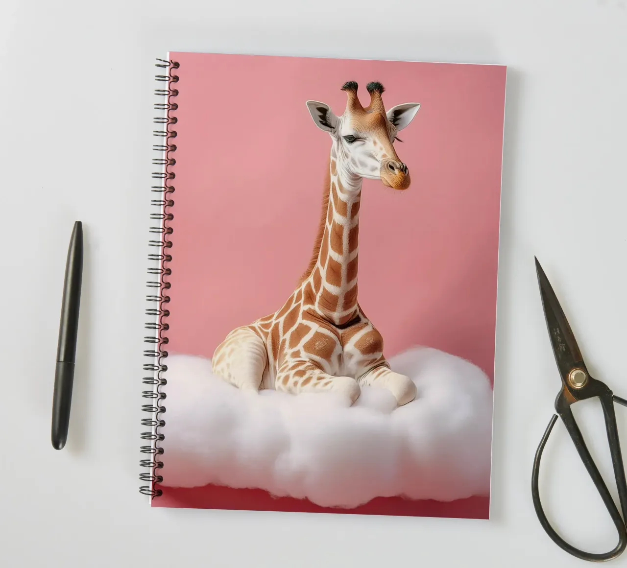 Dreamy Giraffe Resting on a Fluffy Cloud Art Print spiral notebook by FlexiDesignsByK
