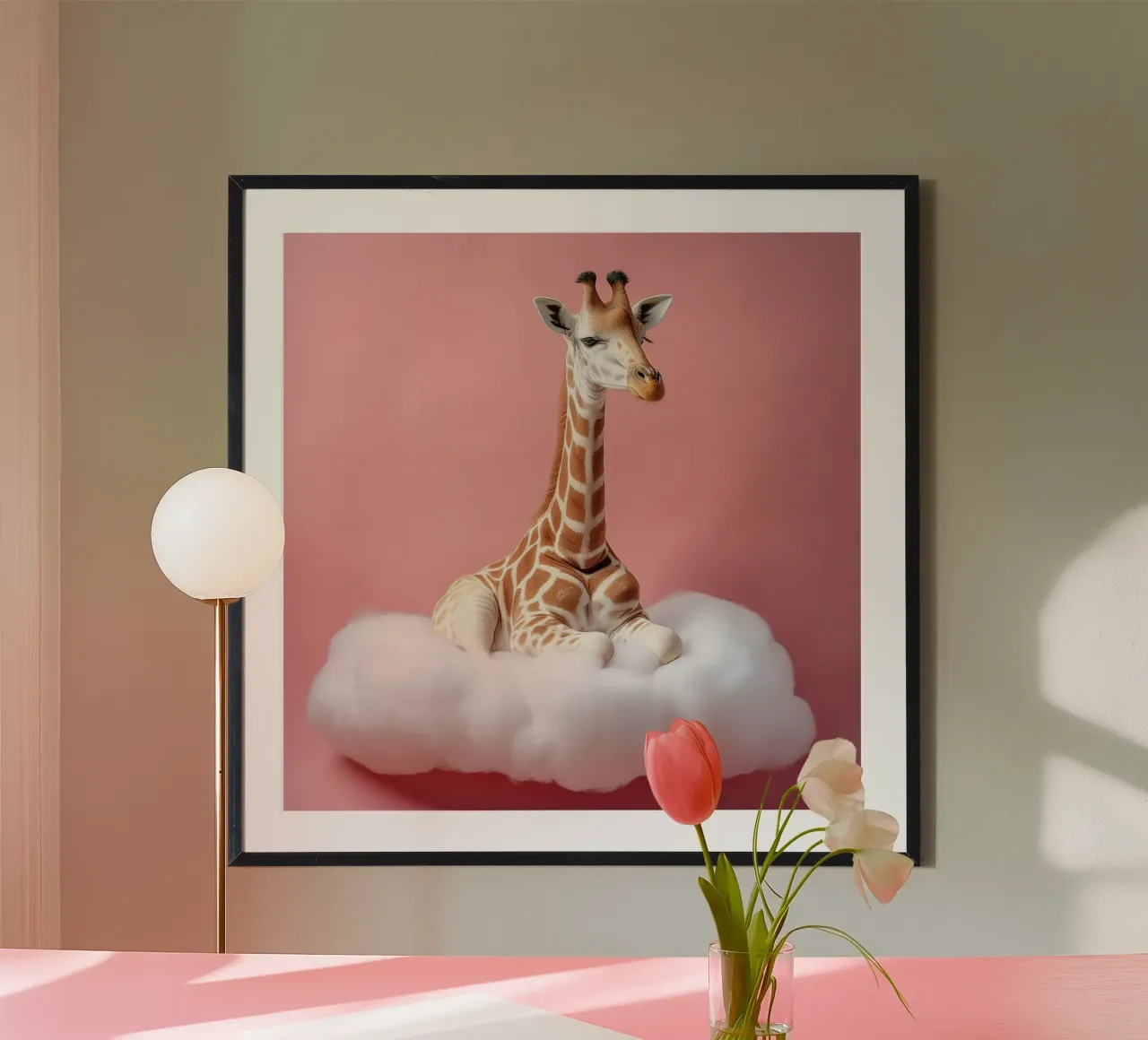 Dreamy Giraffe Resting on a Fluffy Cloud Art Print hahnemühle by FlexiDesignsByK