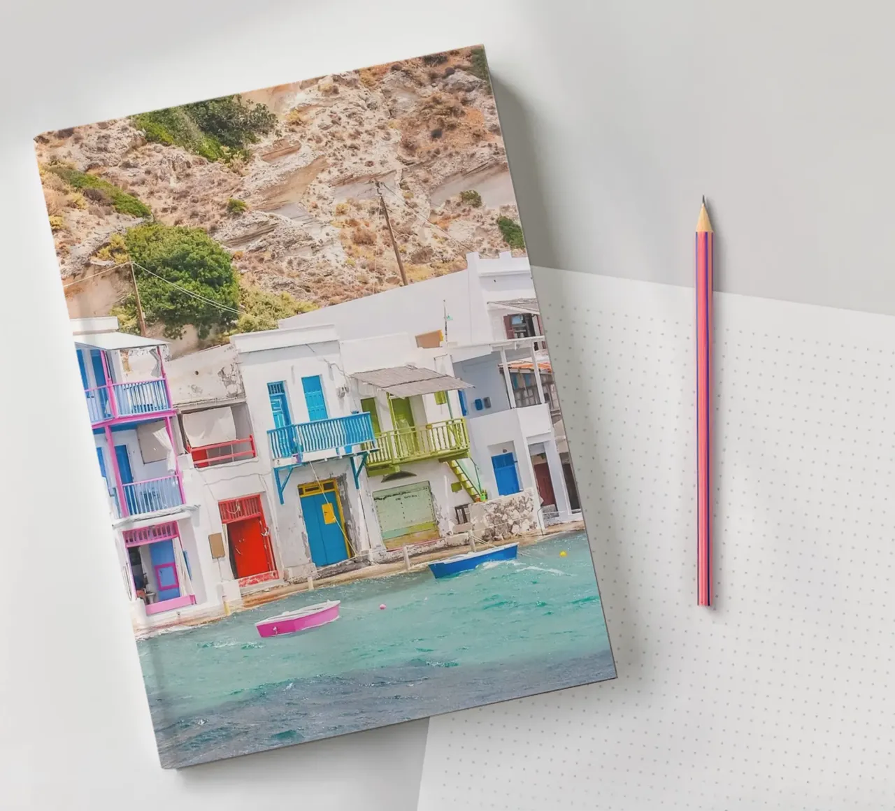 Milos, Greece I Colourful fishing village in the port of Klima notebook by Julie Travel Photography