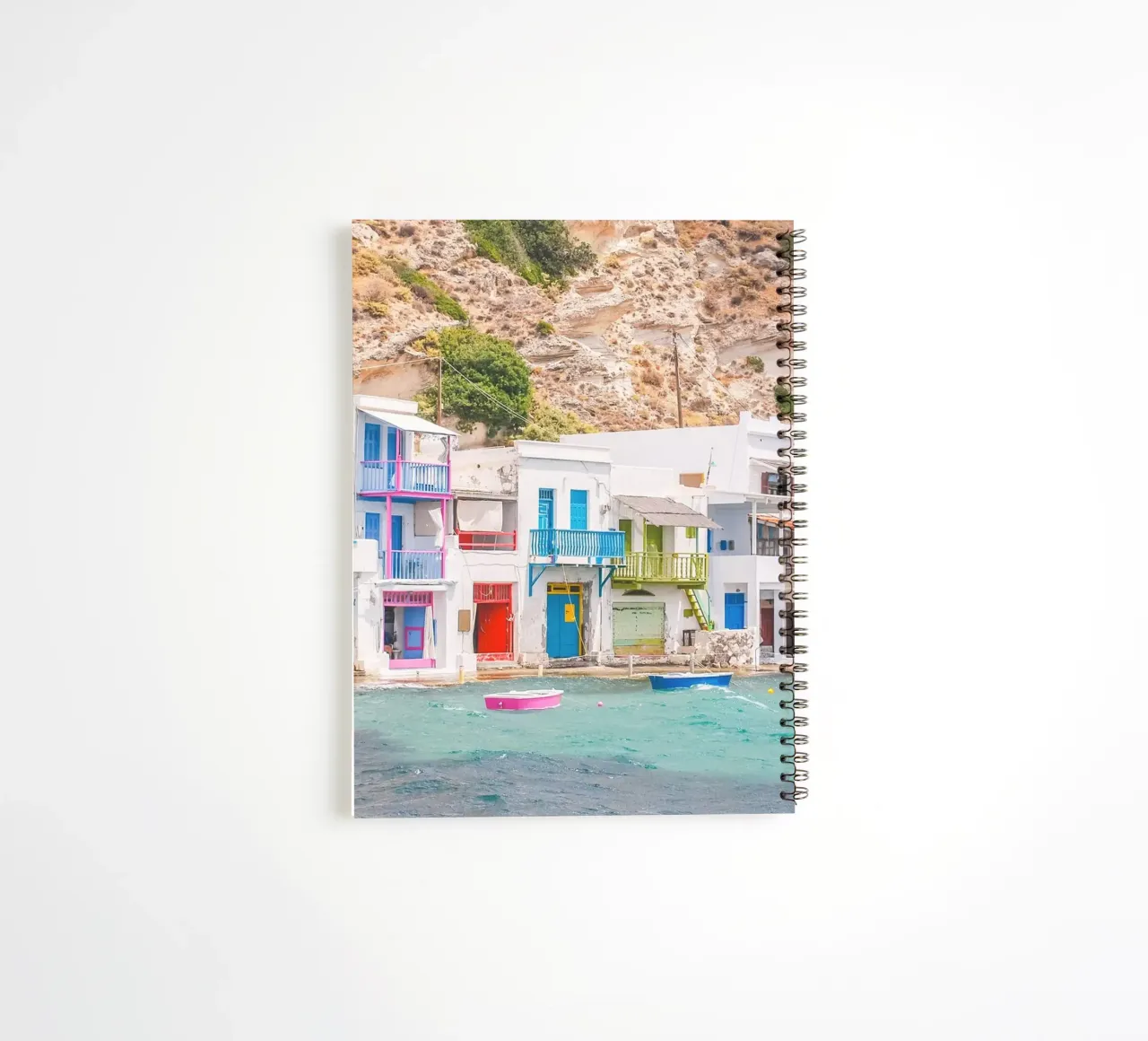 Milos, Greece I Colourful fishing village in the port of Klima spiral notebook by Julie Travel Photography