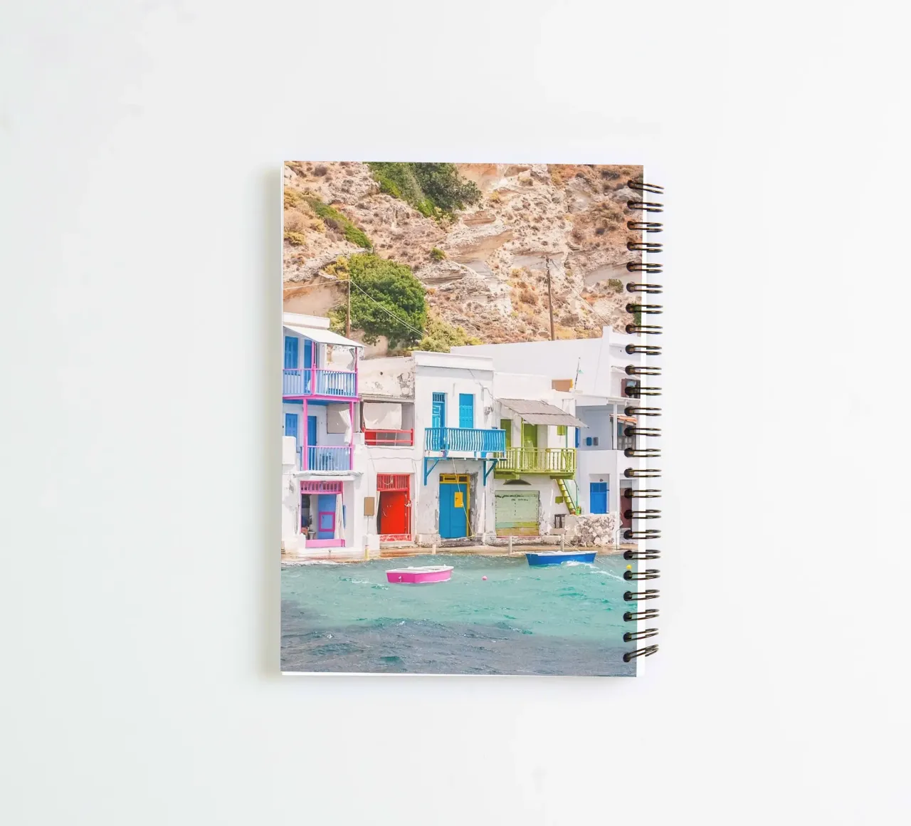 Milos, Greece I Colourful fishing village in the port of Klima spiral notebook by Julie Travel Photography