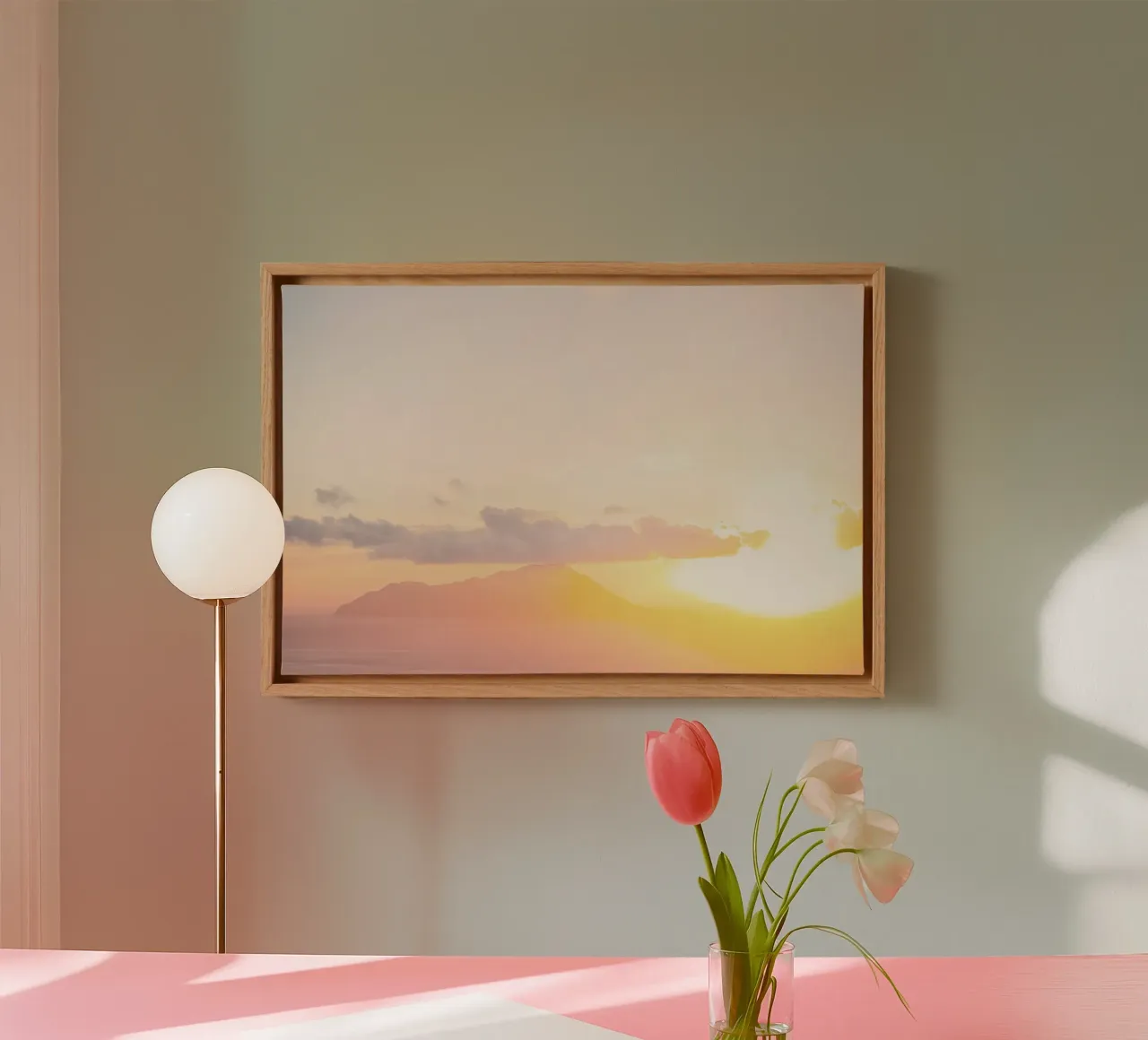 Milos, Griekenland I Esthetisch pastel licht bij zonsondergang canvas met Baklijst van Julie Travel Photography