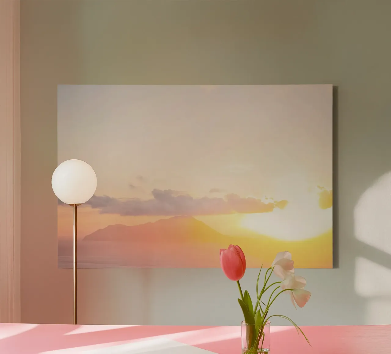 Milos, Griekenland I Esthetisch pastel licht bij zonsondergang canvas met Baklijst van Julie Travel Photography