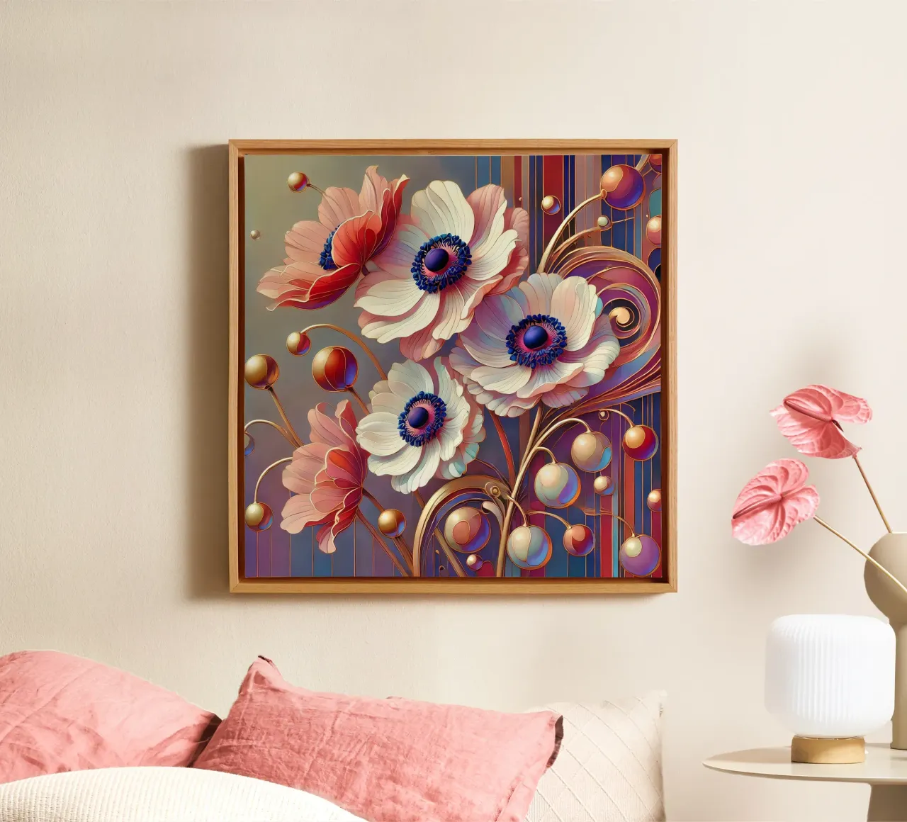 Anemonen Leinwand mit Schattenfugenrahmen von Art-Nouveau-Dsg