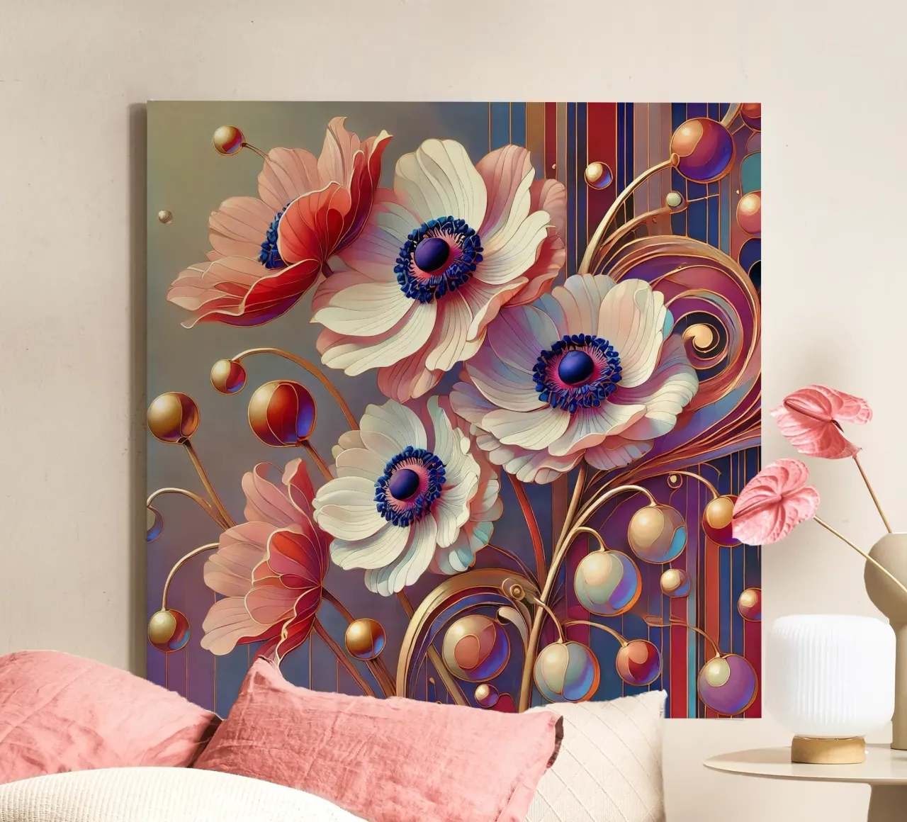 Anemonen Leinwand mit Schattenfugenrahmen von Art-Nouveau-Dsg