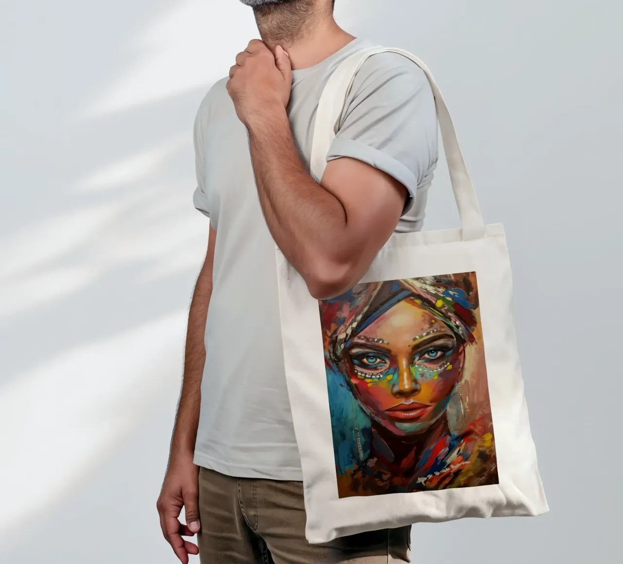 Colourful desert woman tote bag by Carinaprint