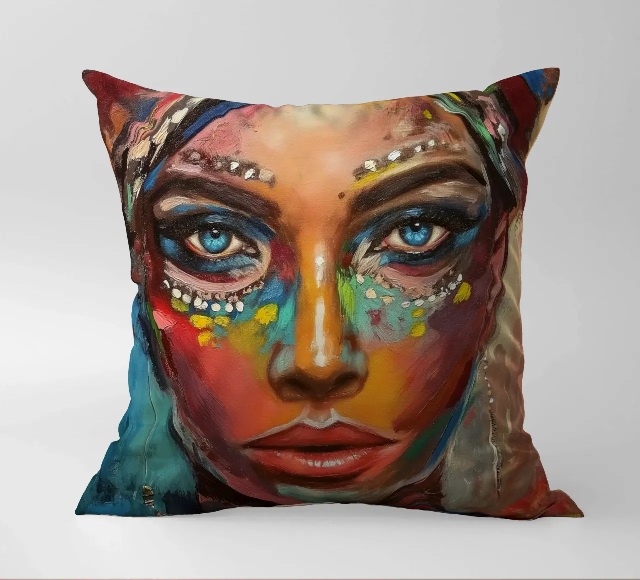 Colourful desert woman decorative cushion by Carinaprint