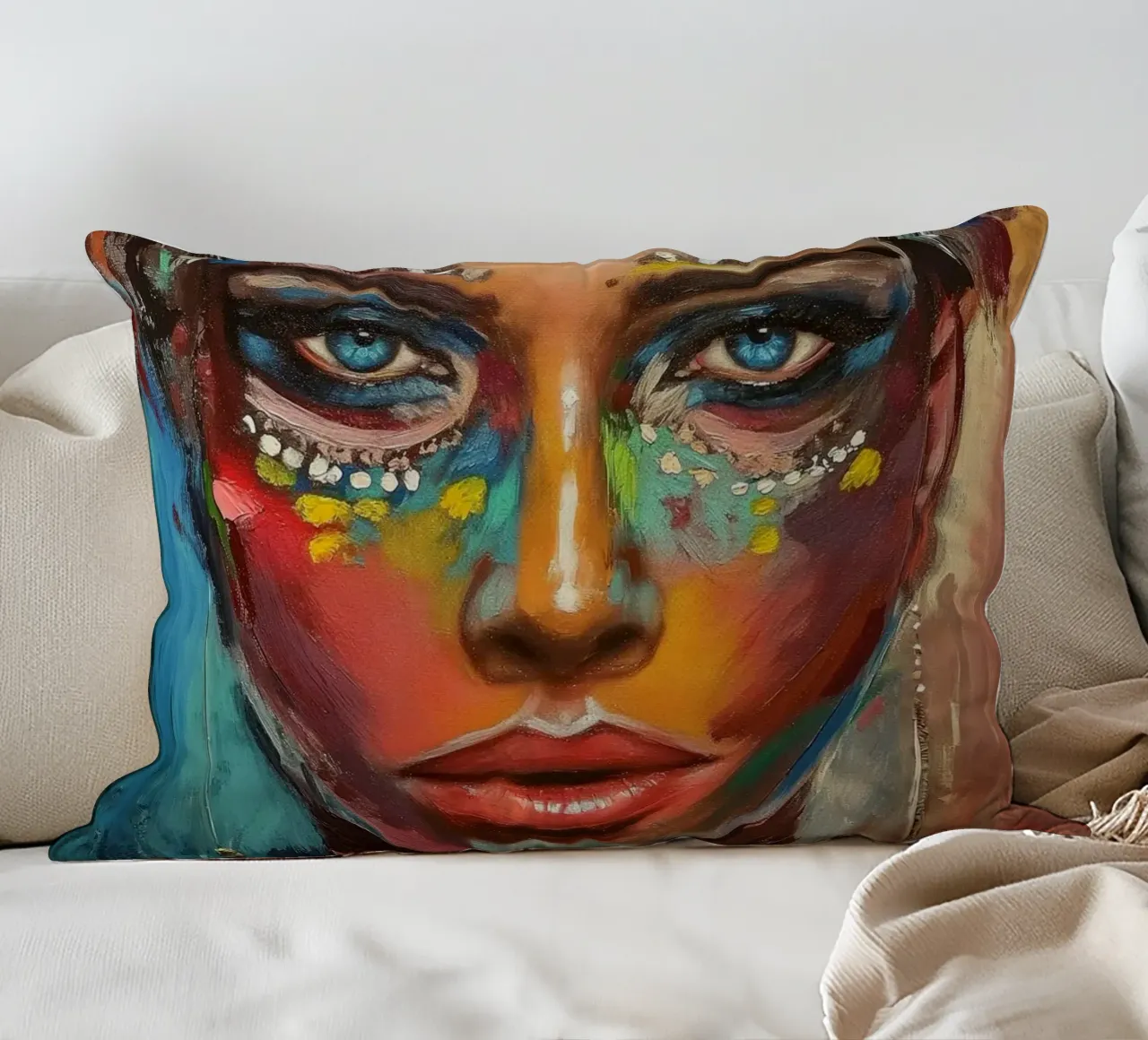 Colourful desert woman decorative cushion by Carinaprint