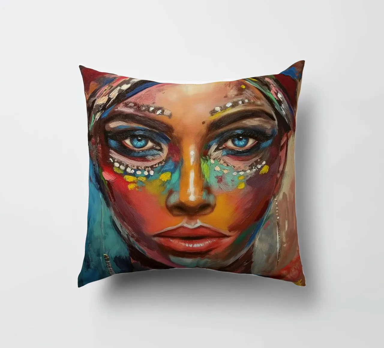 Colourful desert woman decorative cushion by Carinaprint