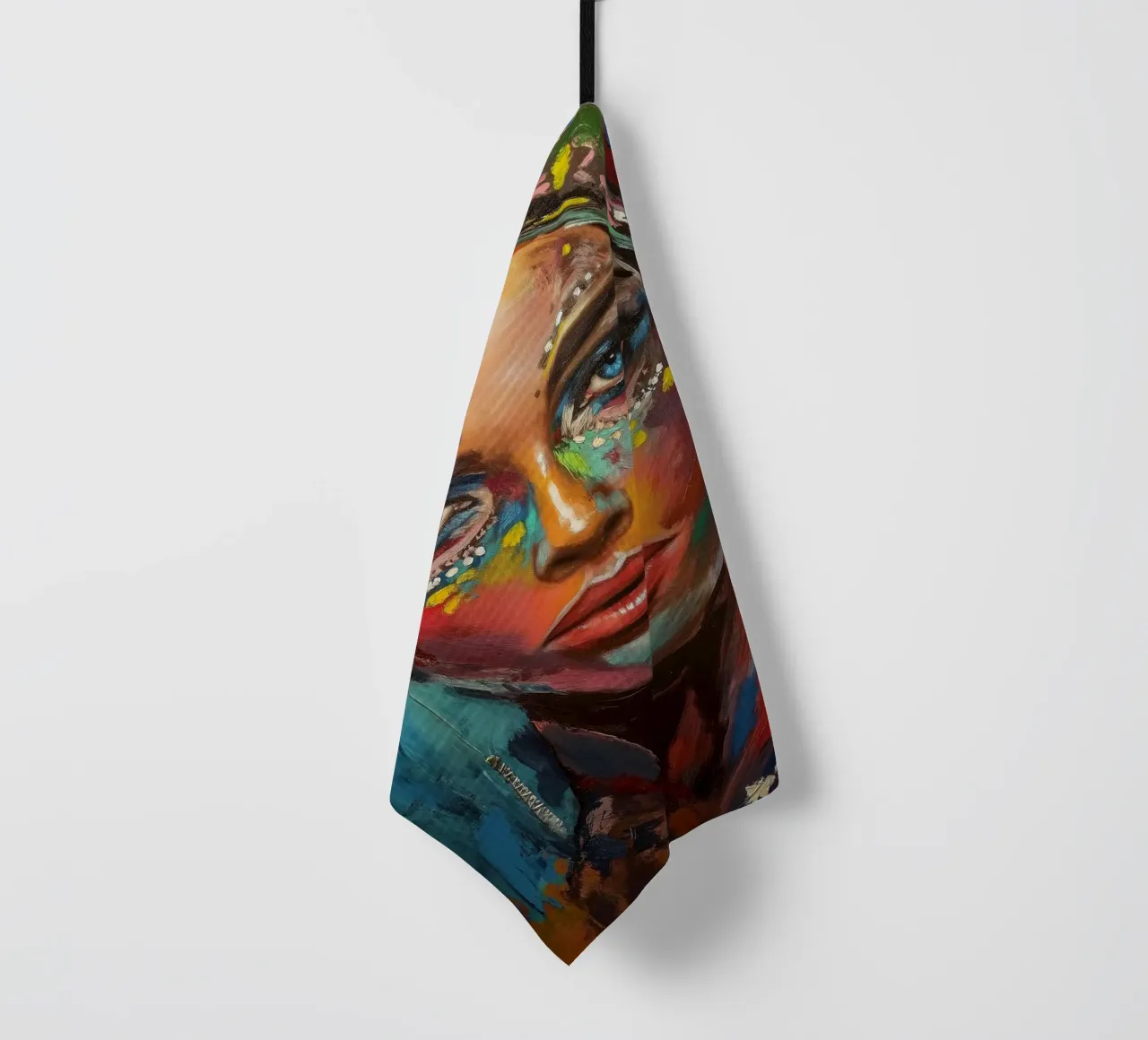 Colourful desert woman tea towel by Carinaprint