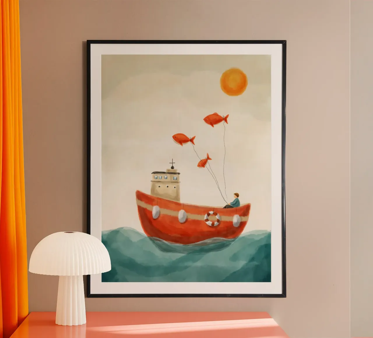 Nella barca rossa poster con telaio in plastica da Indigo Rain