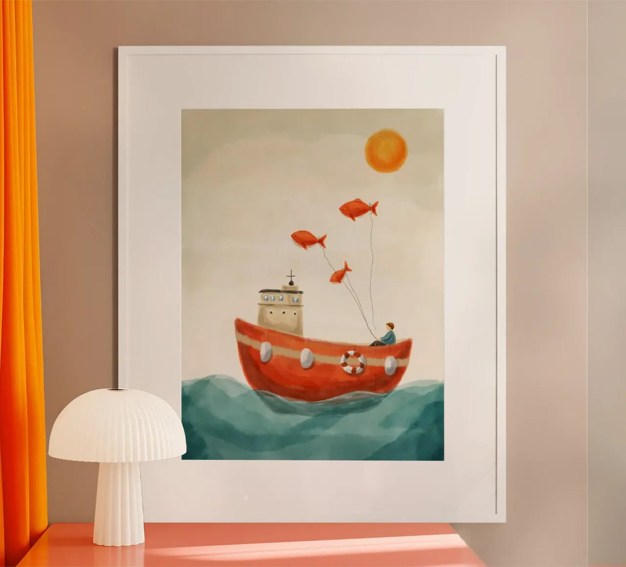 Nella barca rossa poster con telaio in plastica da Indigo Rain