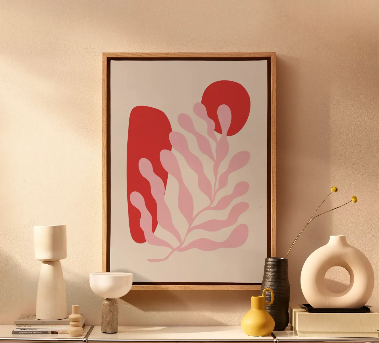 Rood en Roze Abstracte Botanische Kunst canvas met Baklijst van pdigitalprints