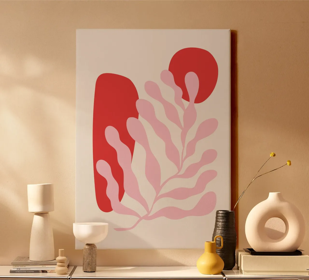 Rood en Roze Abstracte Botanische Kunst canvas met Baklijst van pdigitalprints
