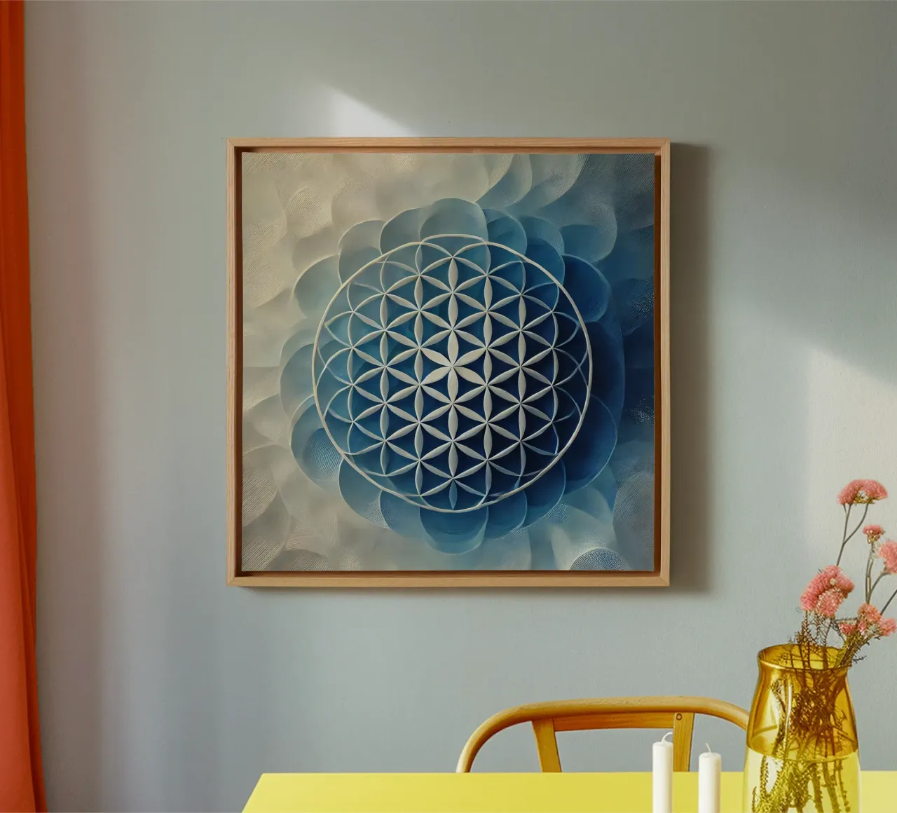 Bloem des levens blauw canvas met Baklijst van spiritual