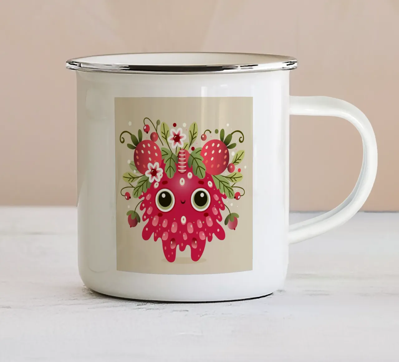 Simpatico mostro di lamponi con frutta e foglie tazza in smalto da namosh