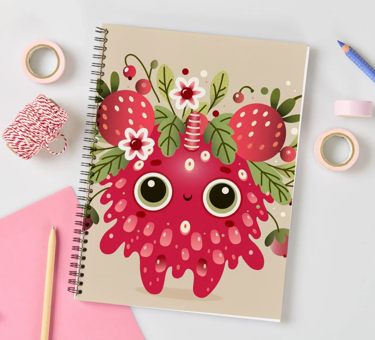 Cute raspberry monster with fruit and leaves spiral notebook by namosh