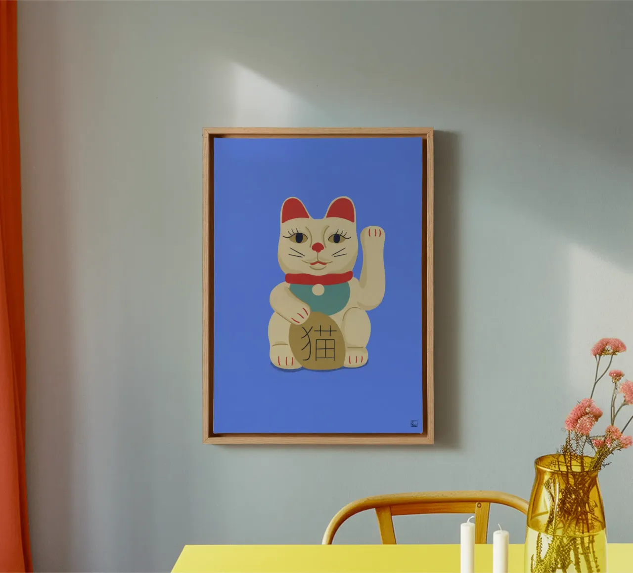 Maneki Neko Cat On Blue tela con Cornice a cassetta da Be Mart