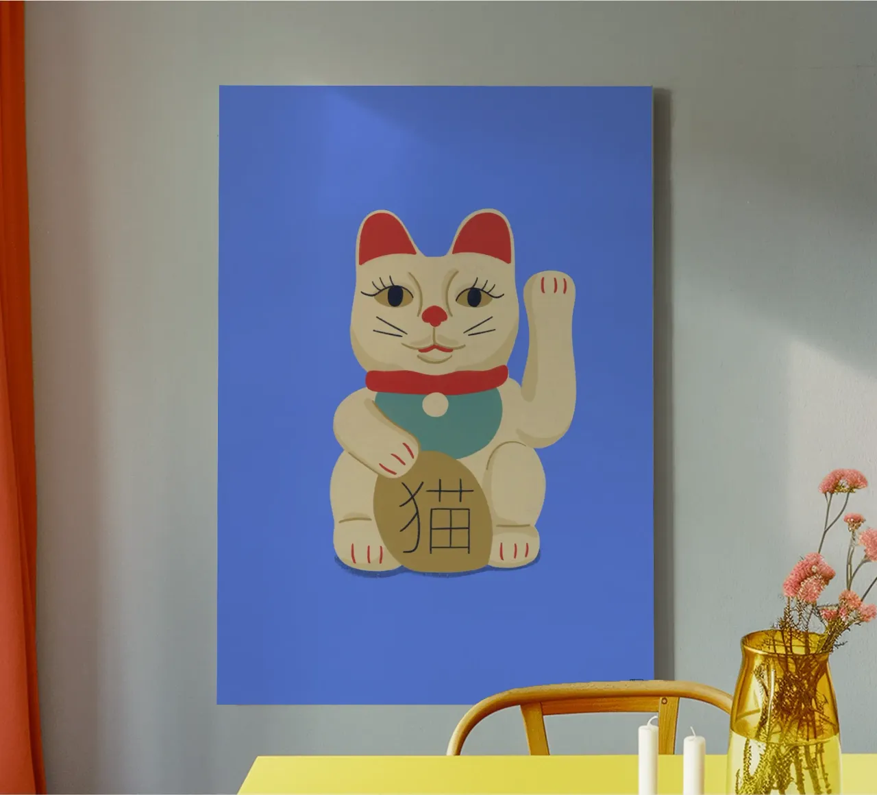 Maneki Neko Cat On Blue tela con Cornice a cassetta da Be Mart