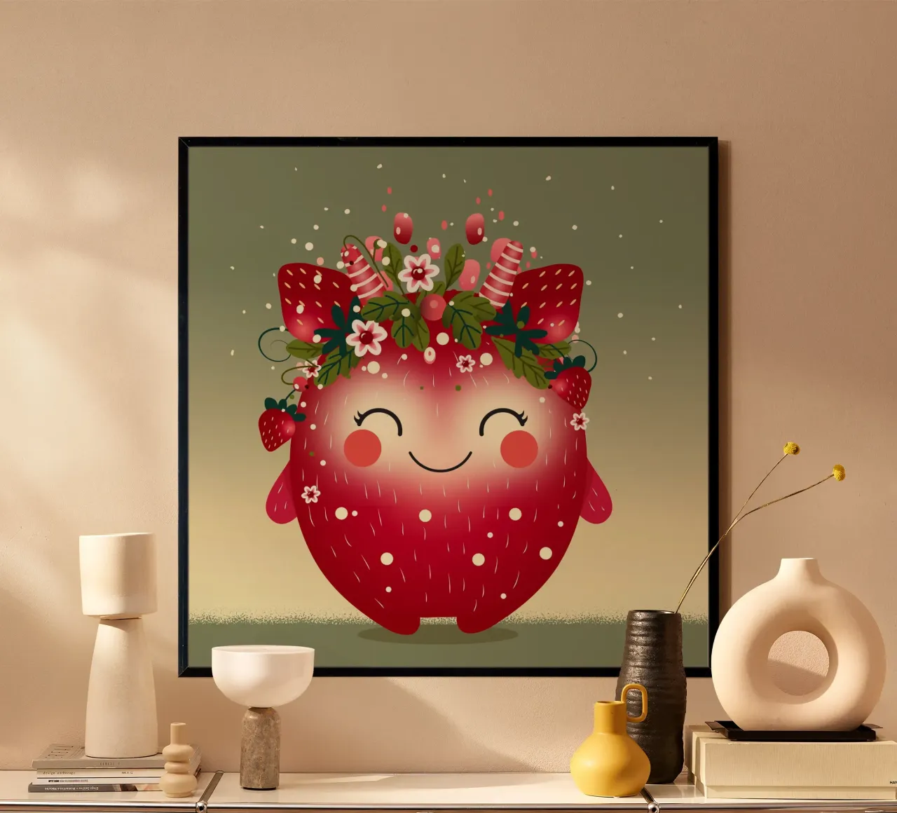 adorabile mostro, ispirato alle fragole poster con telaio in legno da namosh