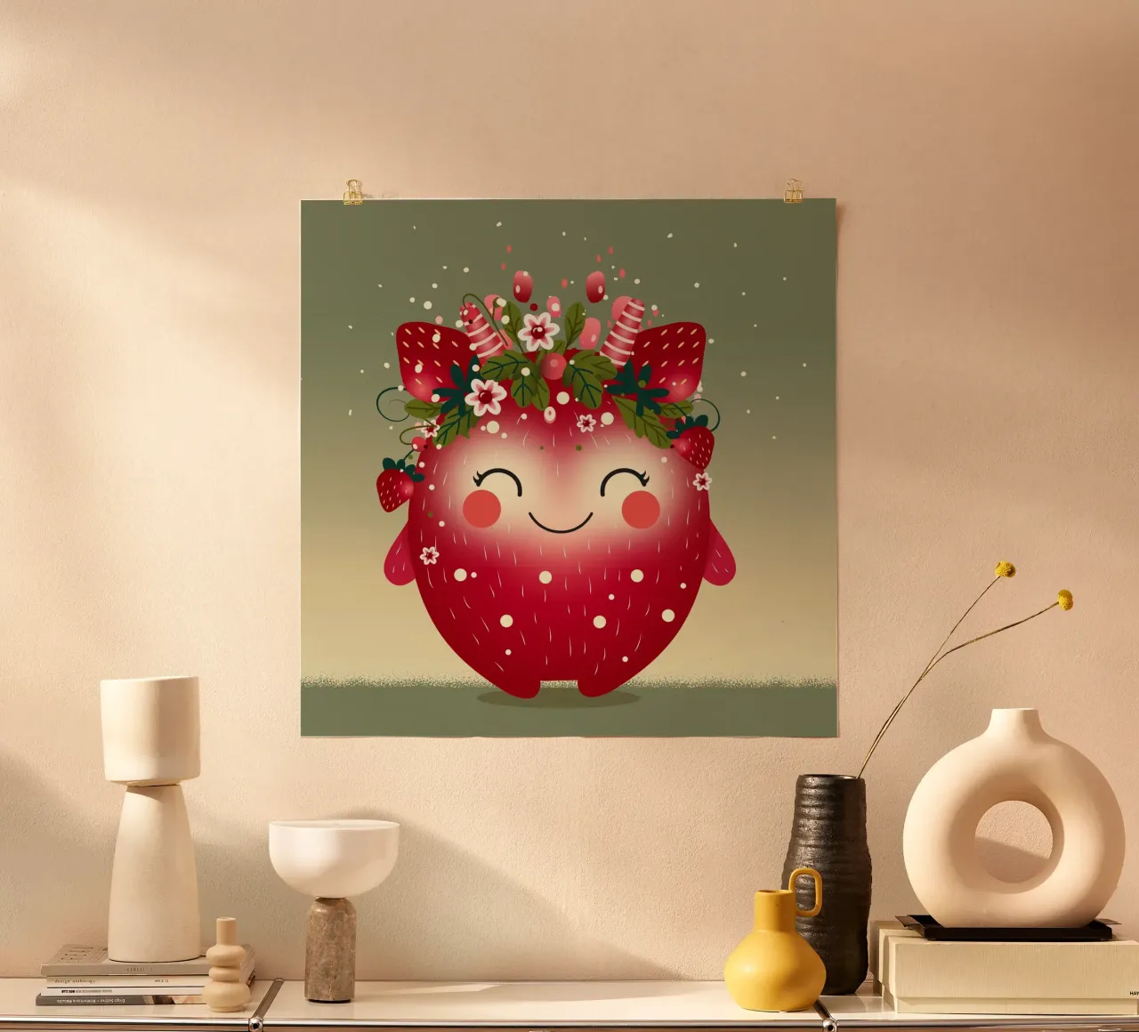 adorabile mostro, ispirato alle fragole poster con telaio in legno da namosh