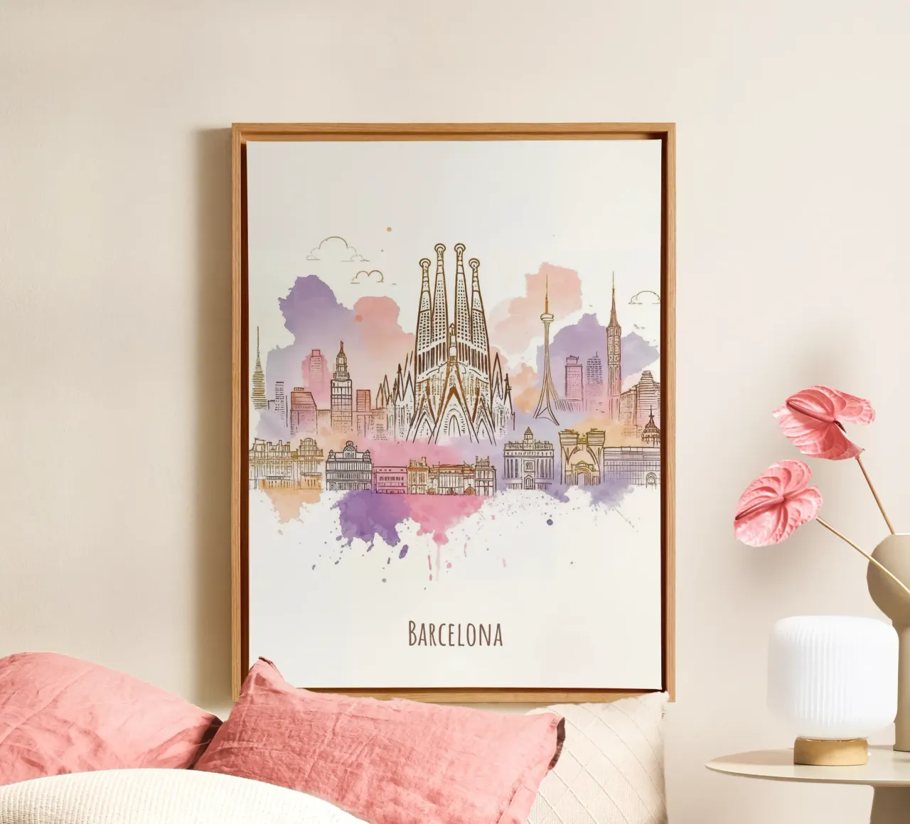 Barcelone Ville minimaliste moderne points de repère art toile avec Caisse américaine de WijdevenDesign