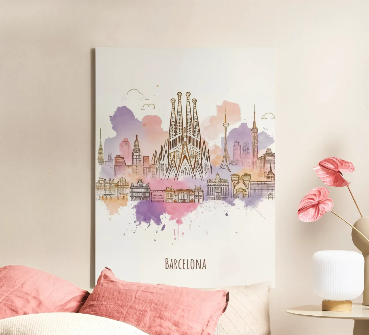 Barcelone Ville minimaliste moderne points de repère art toile avec Caisse américaine de WijdevenDesign