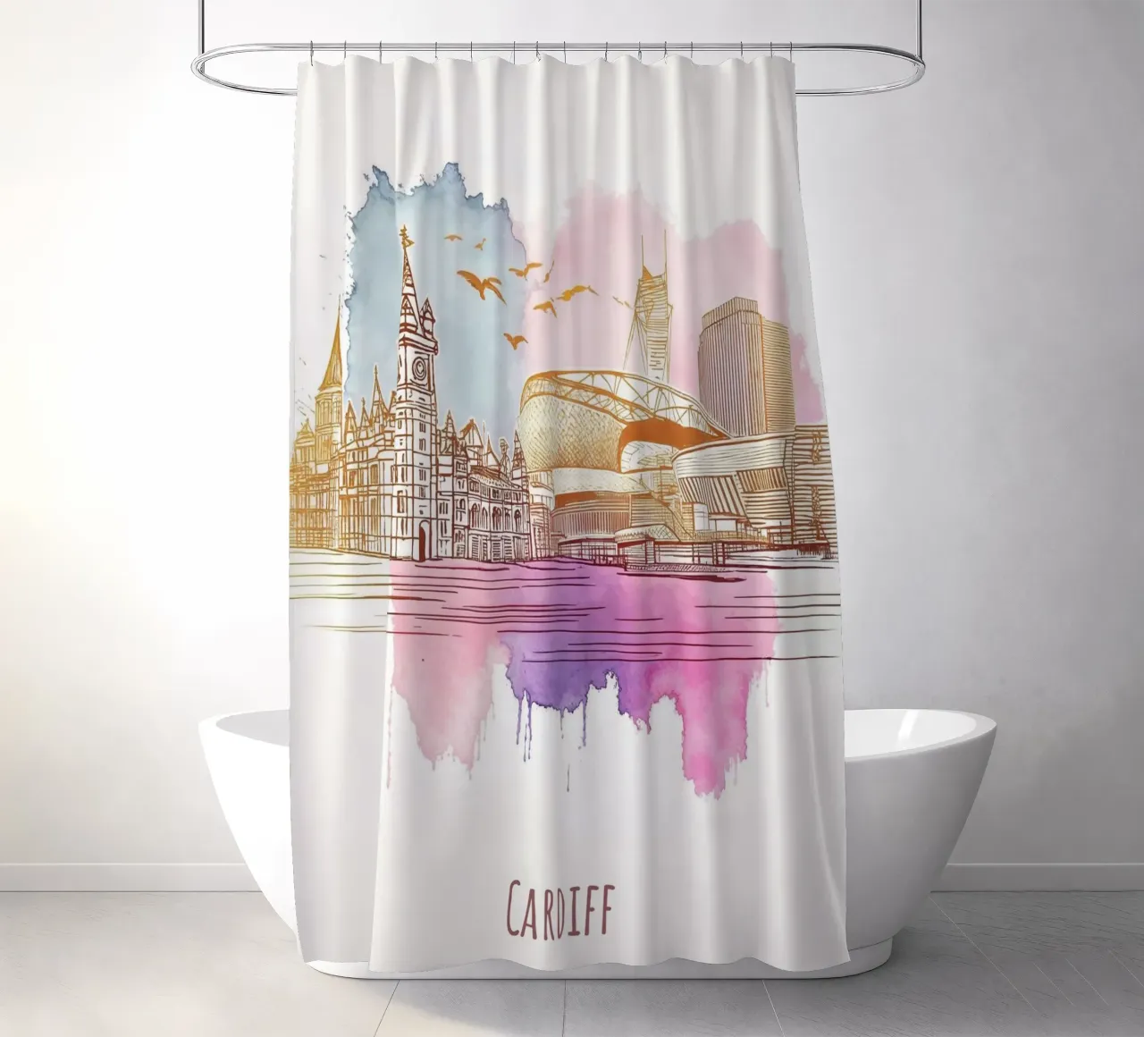 Cardiff City minimalist modern landmarks art shower curtain by WijdevenDesign