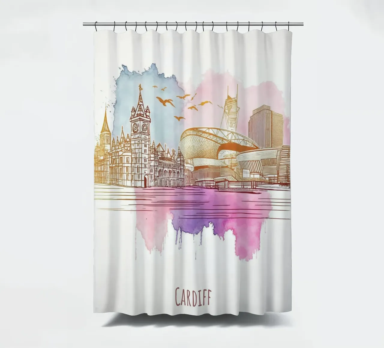 Cardiff City minimalist modern landmarks art shower curtain by WijdevenDesign