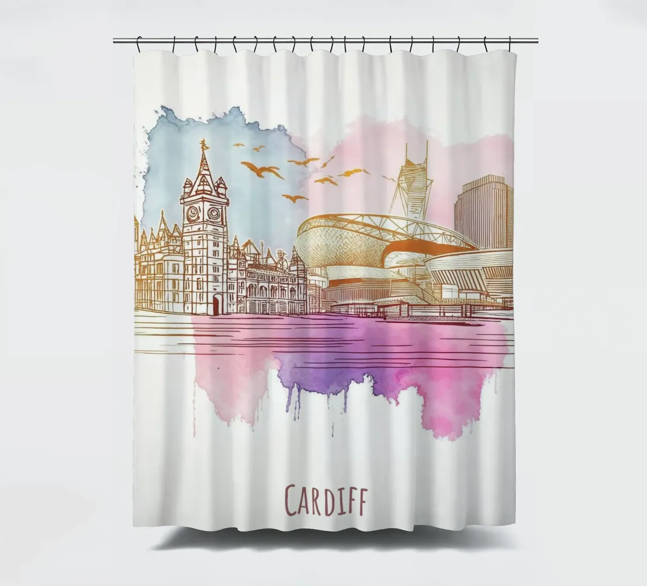 Cardiff City minimalist modern landmarks art shower curtain by WijdevenDesign