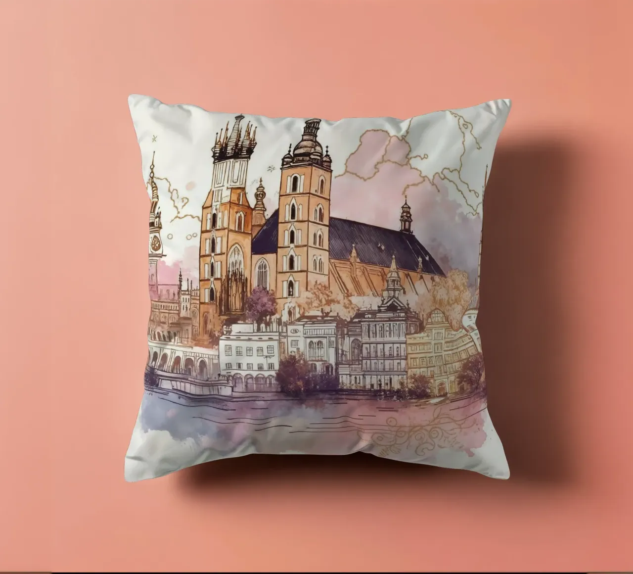 Krakow City minimalist modern landmarks art decorative cushion by WijdevenDesign