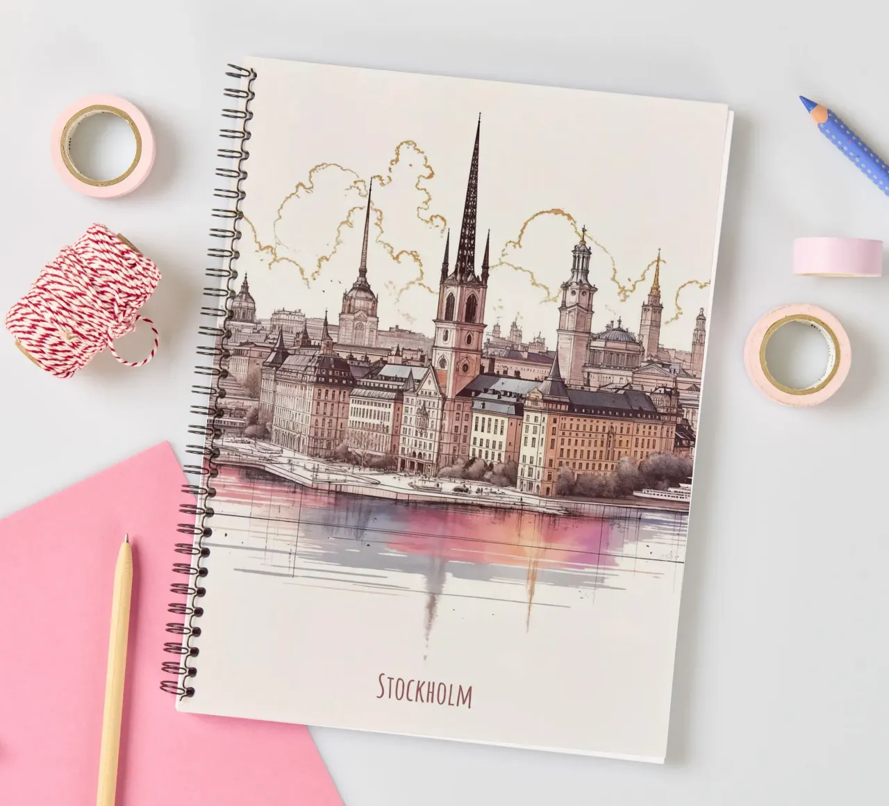 Stockholm City minimalist modern landmarks art spiral notebook by WijdevenDesign