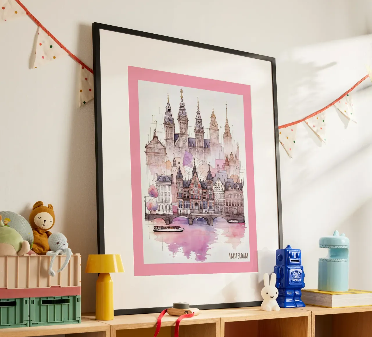 Amsterdam City minimalist modern landmarks art poster with aluminum frame by WijdevenDesign