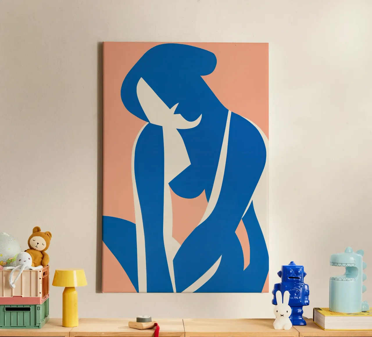 Abstract seated half-nude in cyan on peach canvas by Autofocus