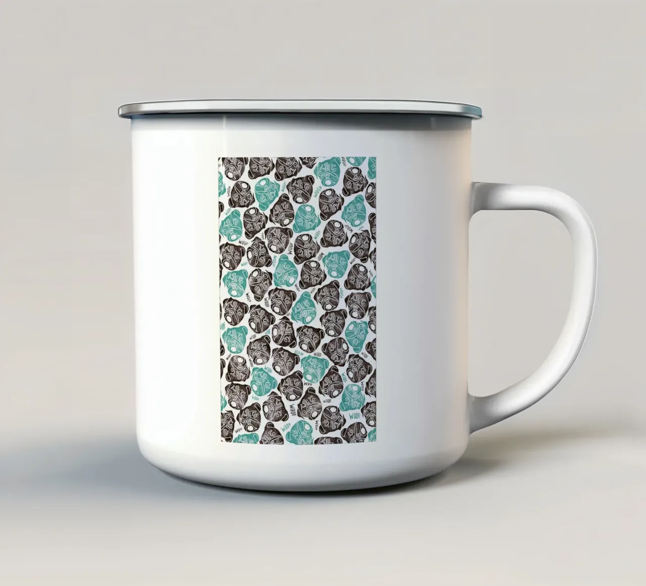 The Barking Pug emaille mok van Pom Graphic Design