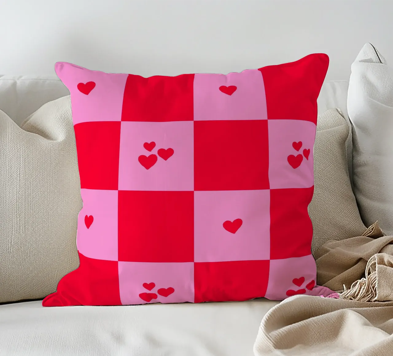 Grid heart pattern - pink and red decorative cushion by Wackapacka